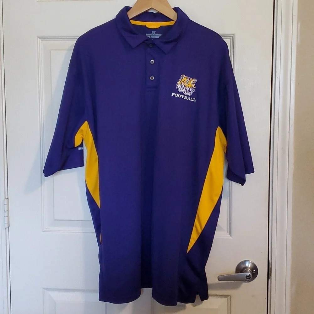 LSU Tigers Men Purple Gold Stitch Logo Short Sleeve Golf Polo Shirt  NCAA Sz XL